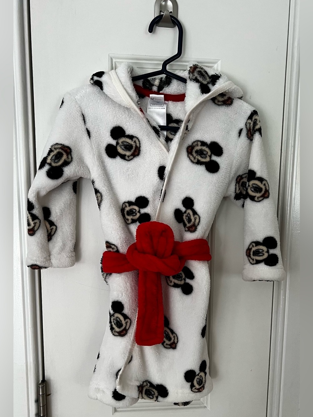 Disney White Mickey Mouse Plush Hooded Robe with Red Belt and Black Accents